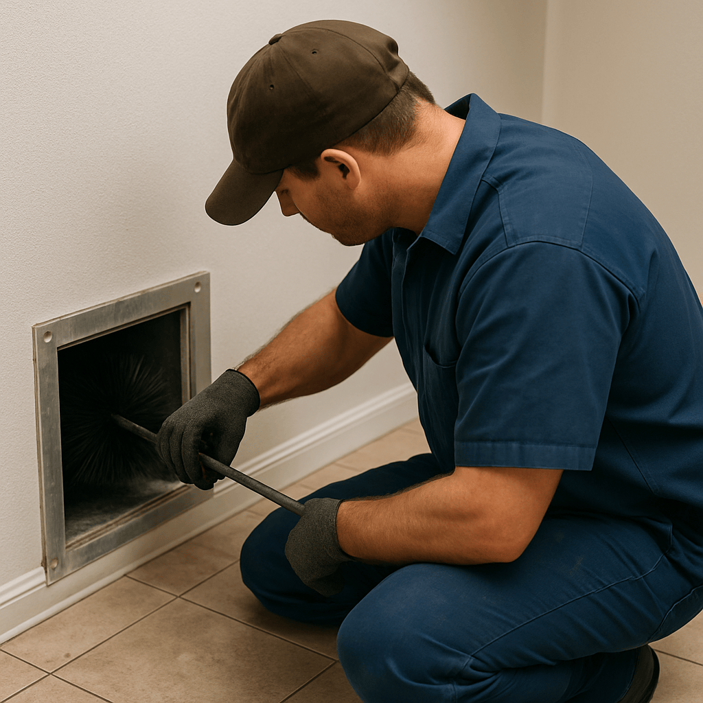 tech cleaning the duct