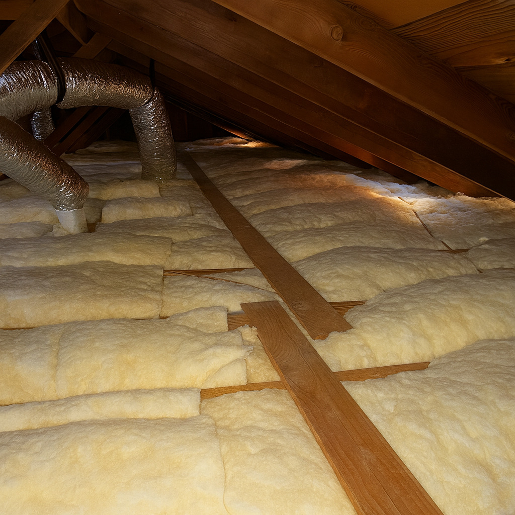 Completed attic insulation installation with new clean insulation layers