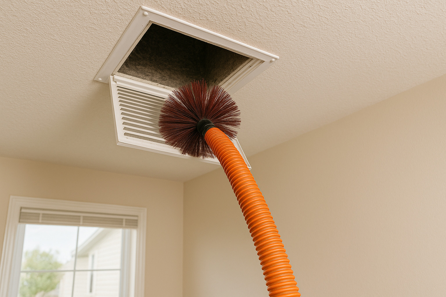 Dirty air vent with dust buildup being cleaned inside a Kansas home
