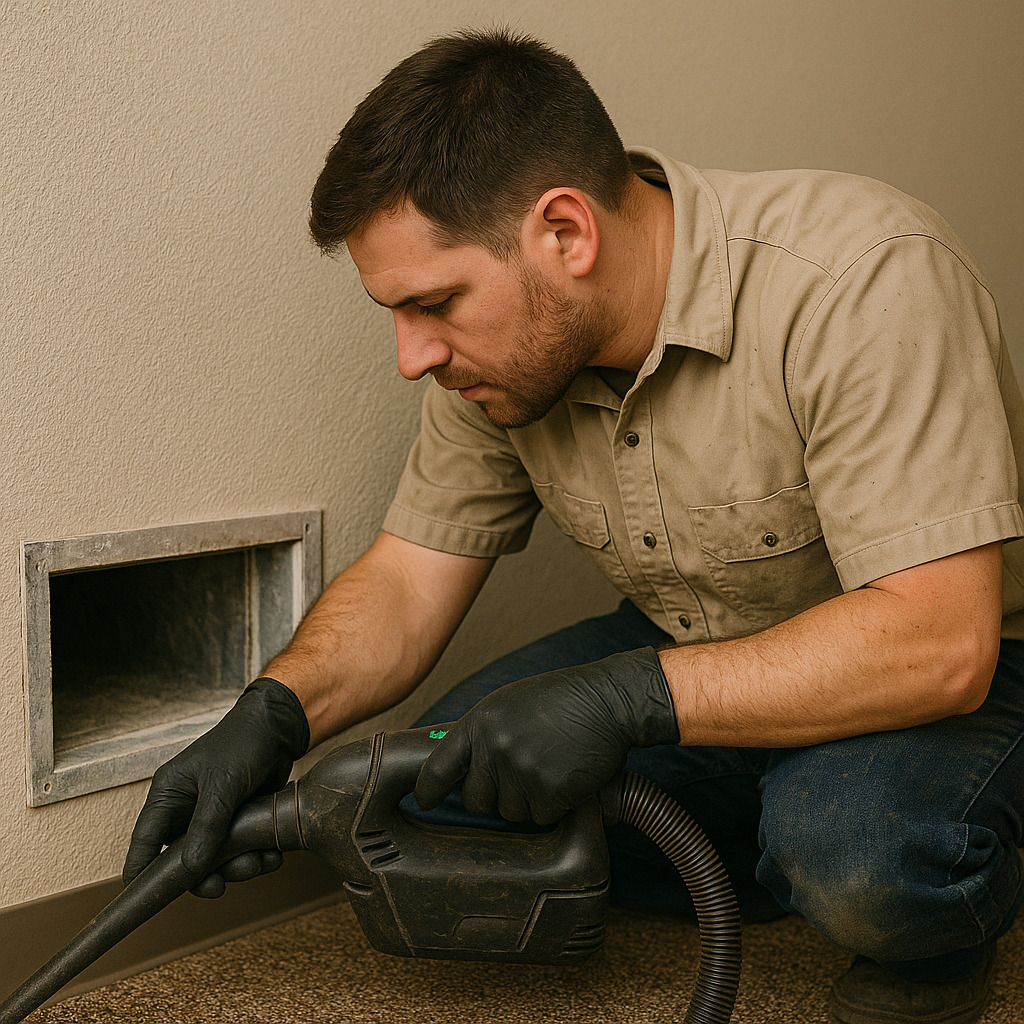 Professional technician brushing dust and debris from air duct vent during deep cleaning service in Kansas