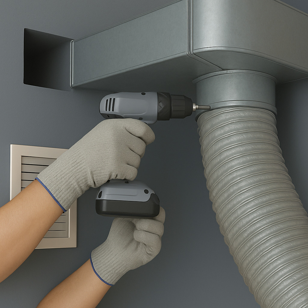 Professional air duct repair in Kansas City showing HVAC duct connection repair with gloved hands