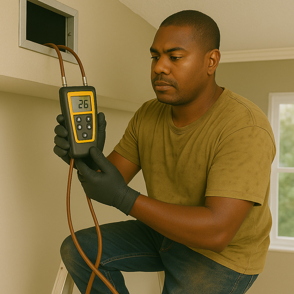 Air duct specialist checking airflow and system performance with diagnostic meter in Kansas home