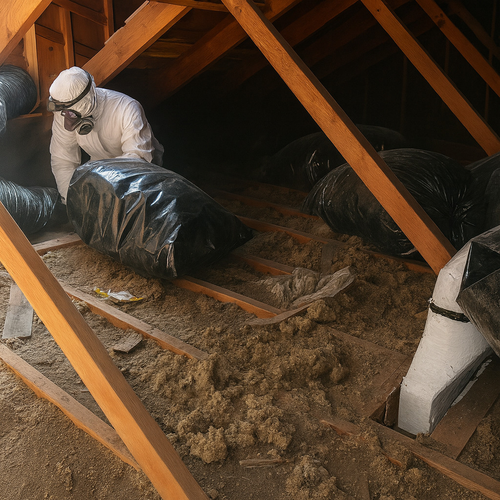 Attic insulation before replacement – Kansas Air Duct technician inspecting old insulation.