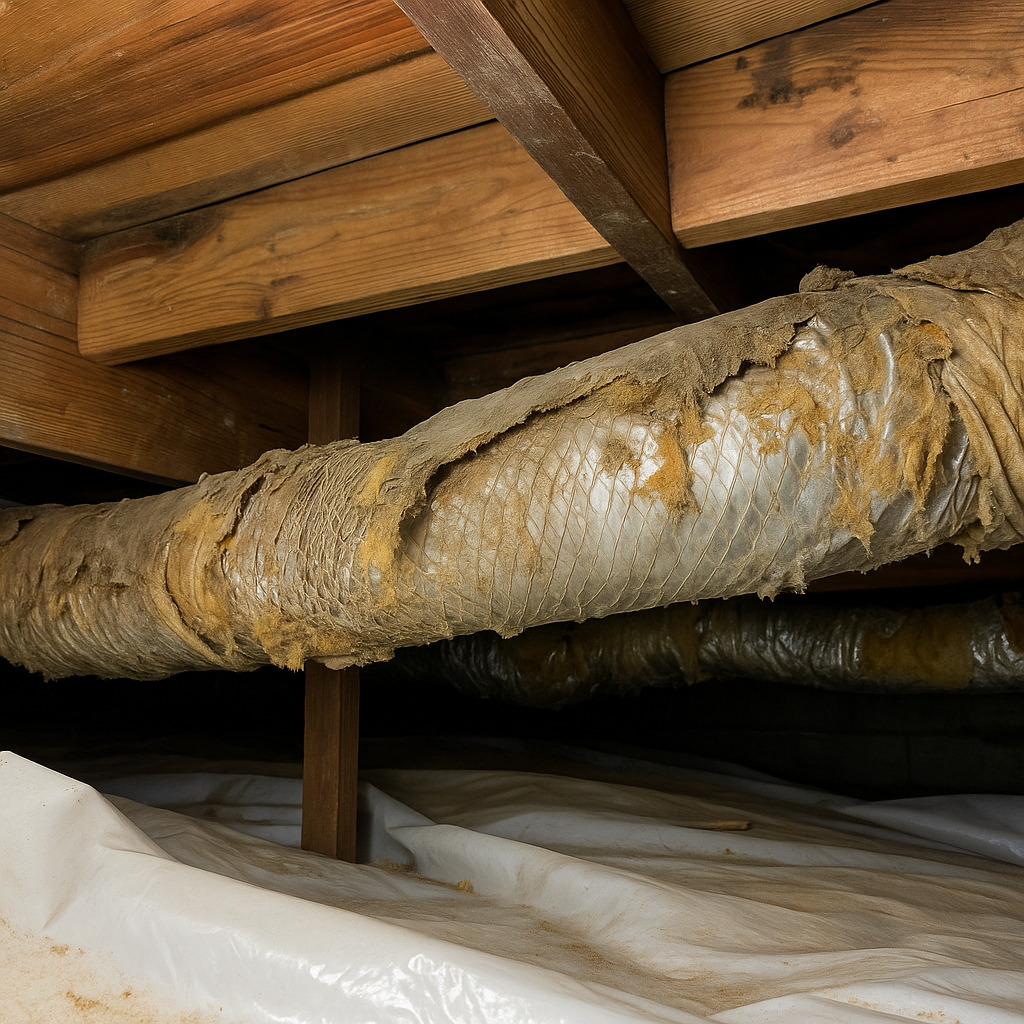 Damaged air ducts with torn insulation in a crawl space before duct replacement in Kansas