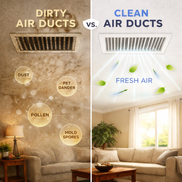 Dirty air ducts vs clean air ducts showing dust buildup compared to clean airflow after professional air duct cleaning in Kansas