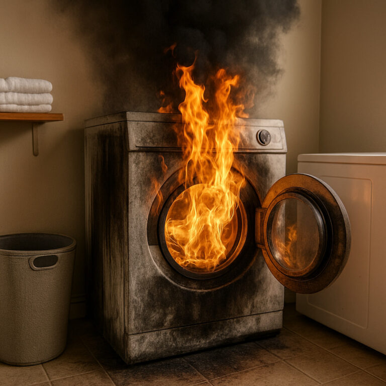 Dryer fire hazard warning – lint buildup causing smoke and burn damage inside home laundry room