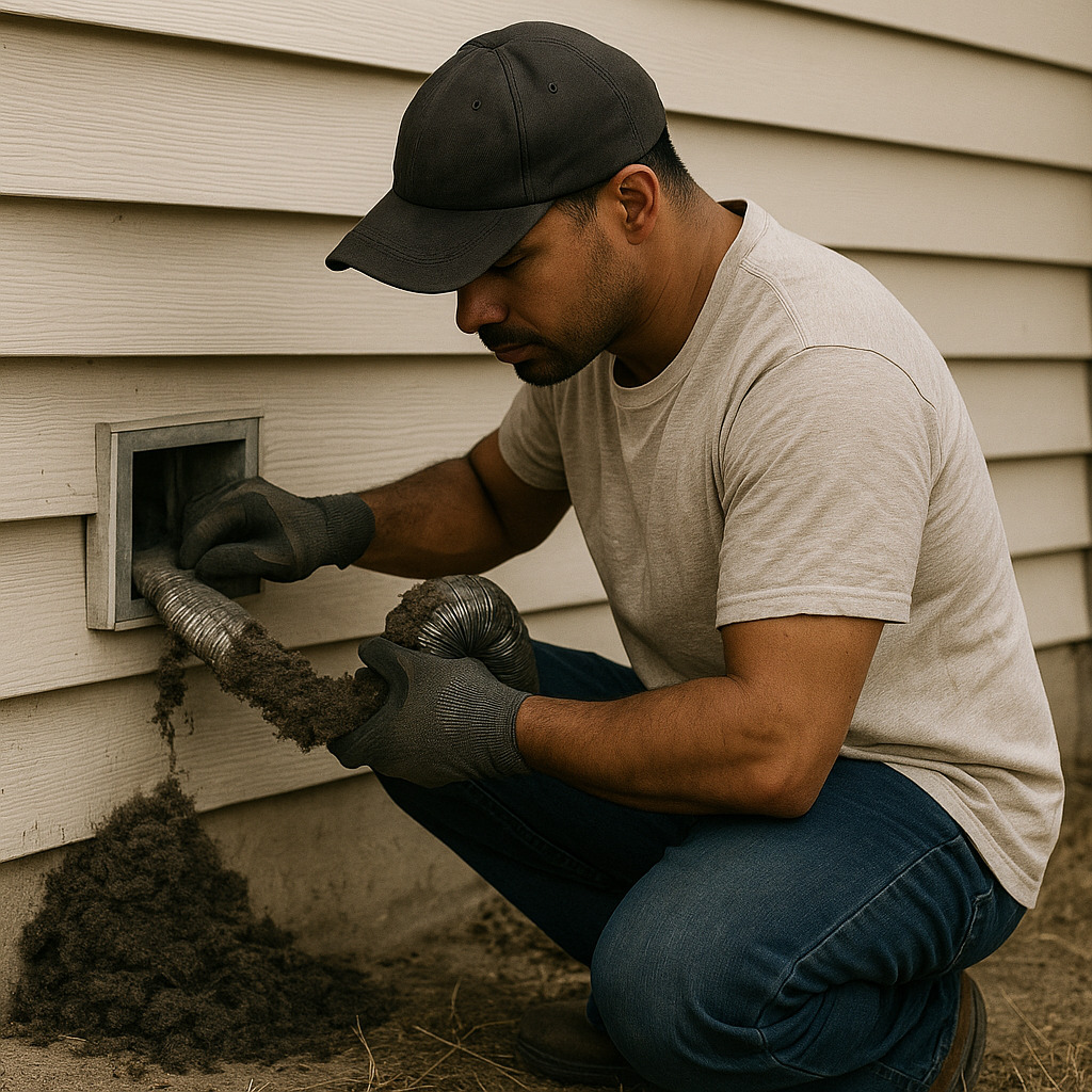 HVAC technician performing professional dryer vent repair in Kansas, fixing damaged vent and removing lint buildup