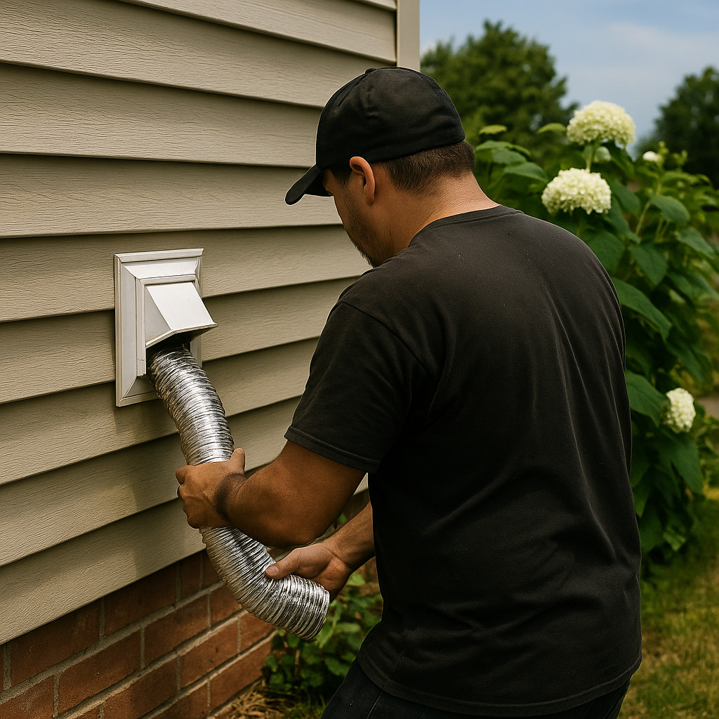 Dryer vent replacement technician fixing aluminum vent hose beside garden in Kansas